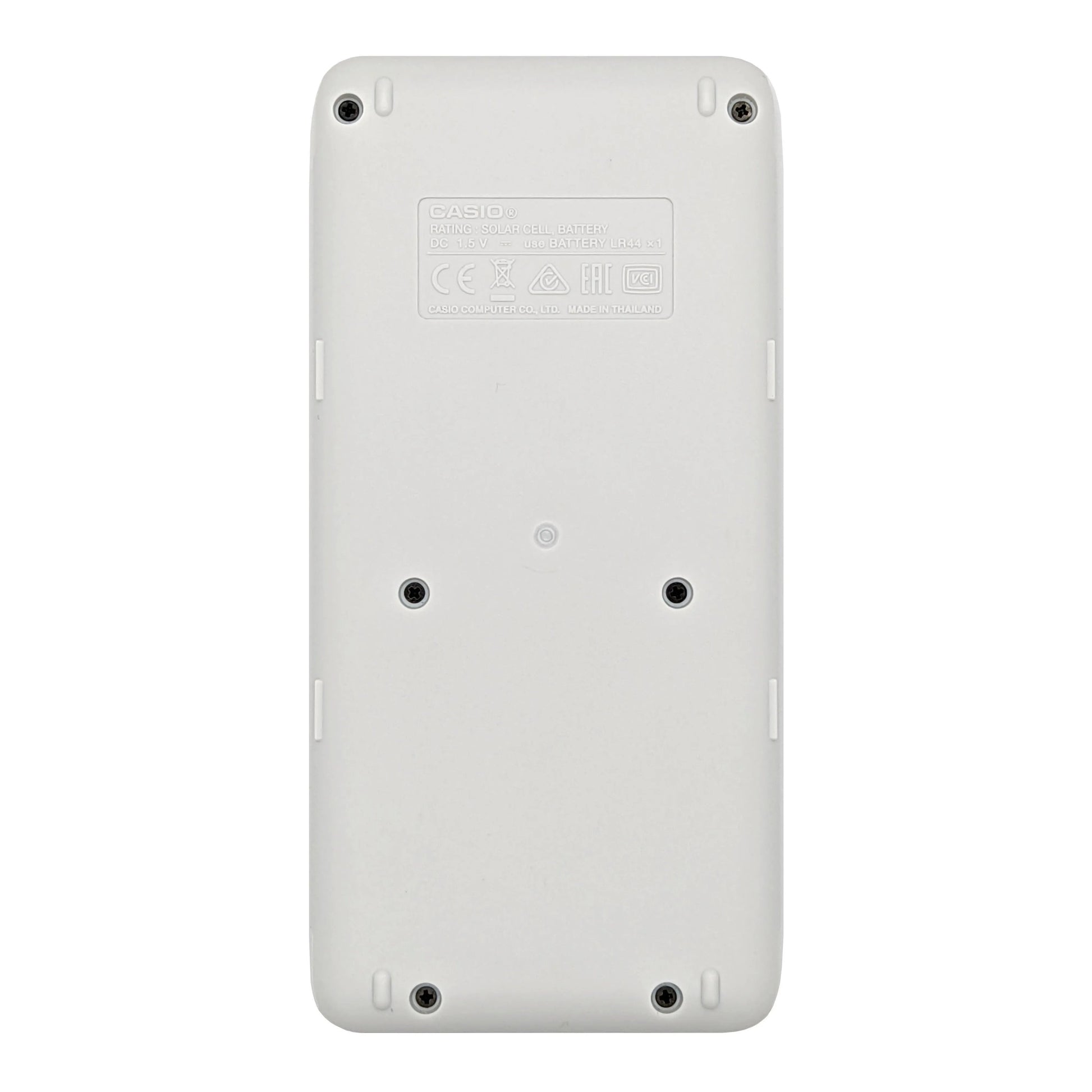 Back view of Casio fx-115ES Plus 2nd Edition scientific calculator, white case, Underwood Distributing Co.