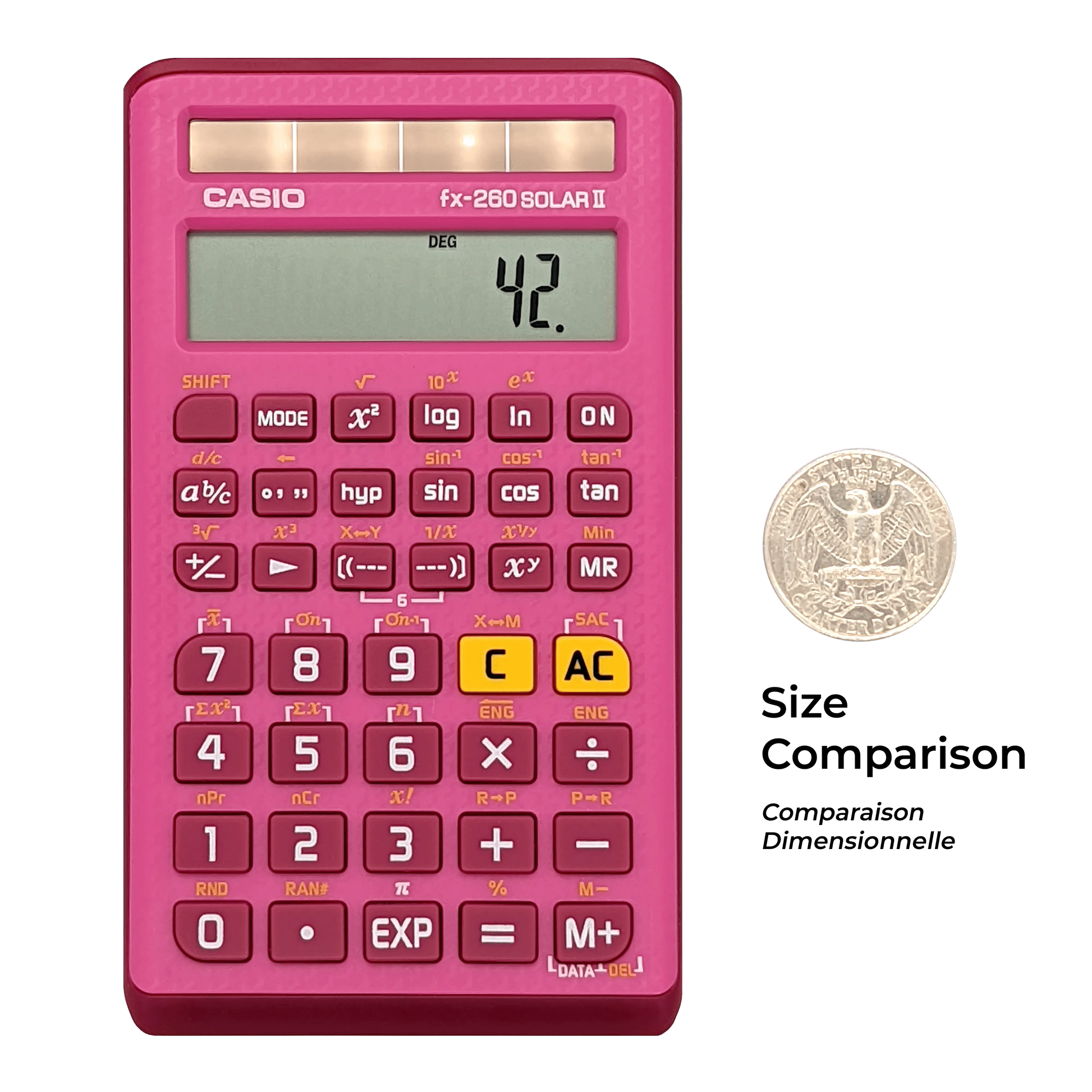 Pink Casio fx-260 Solar II calculator next to a coin, sold by Underwood Distributing Co.