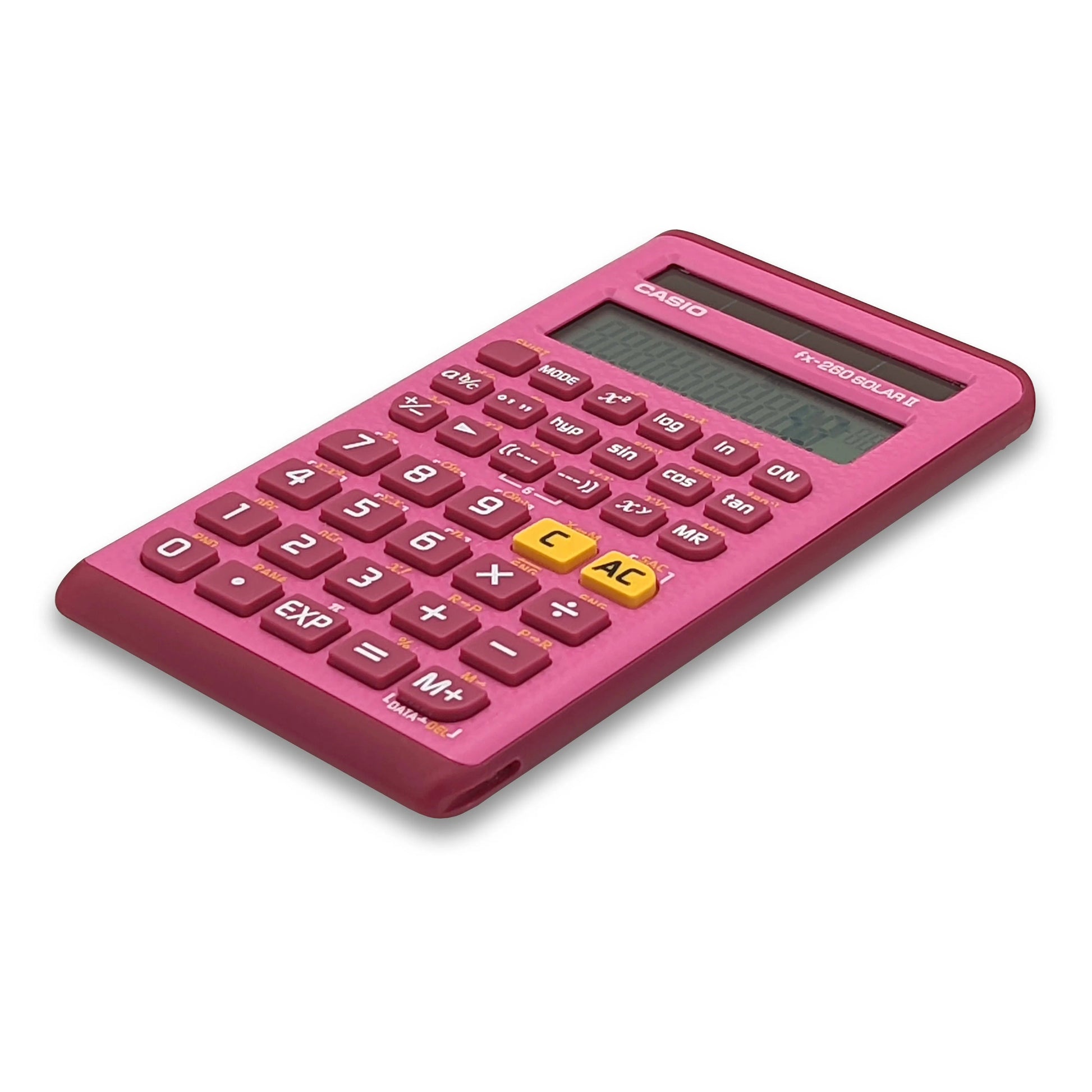 Casio FX-260 Solar II pink calculator on white background, Underwood Distributing Co.