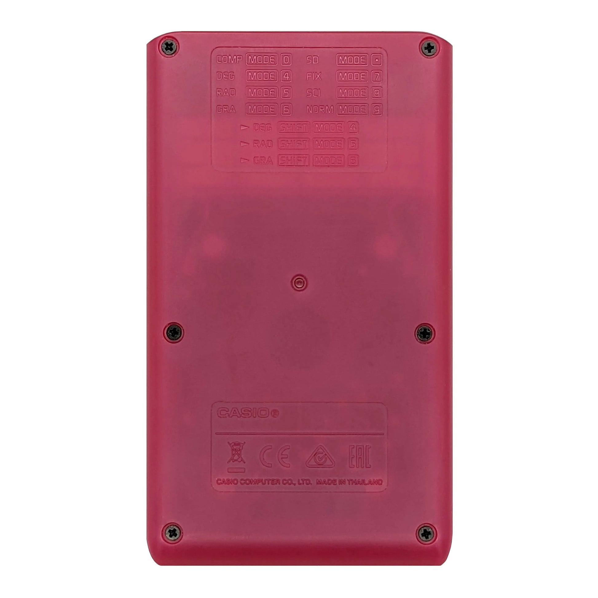 Back view of pink Casio FX-260 Solar II calculator available at Underwood Distributing Co.