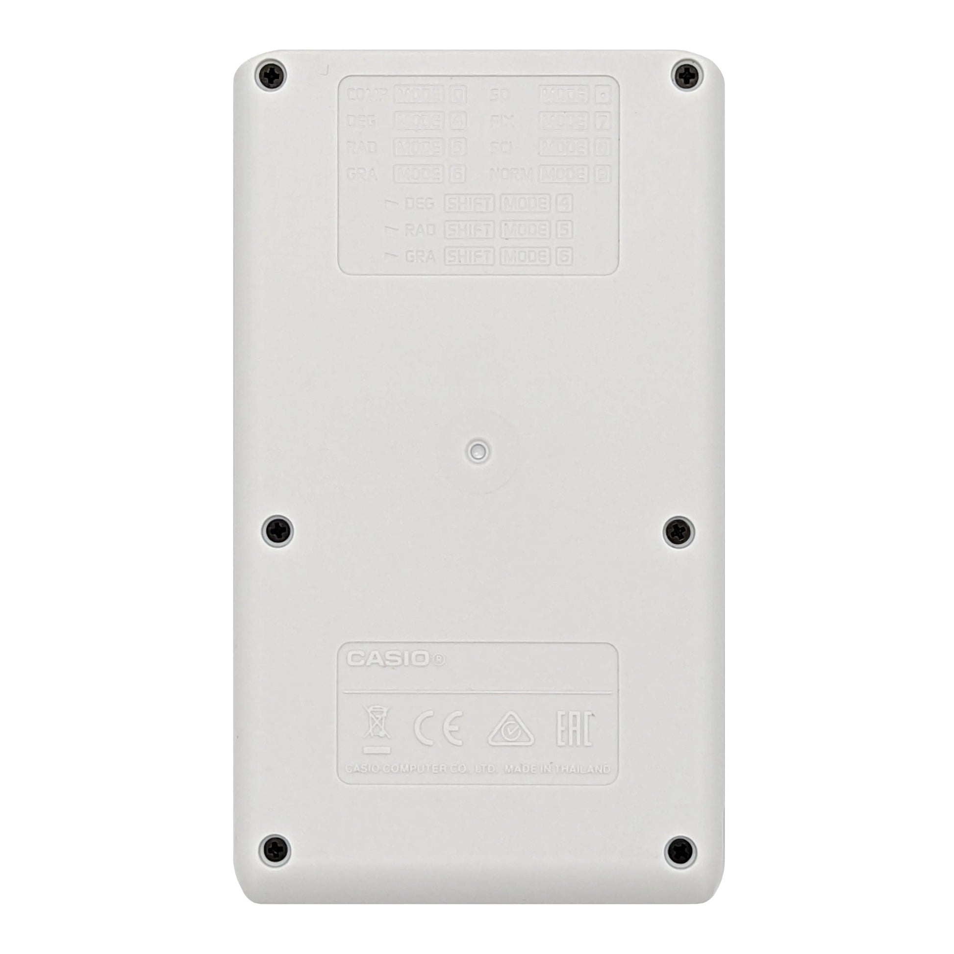 Back view of Casio fx-260 Solar II scientific calculator, white case, Underwood Distributing
