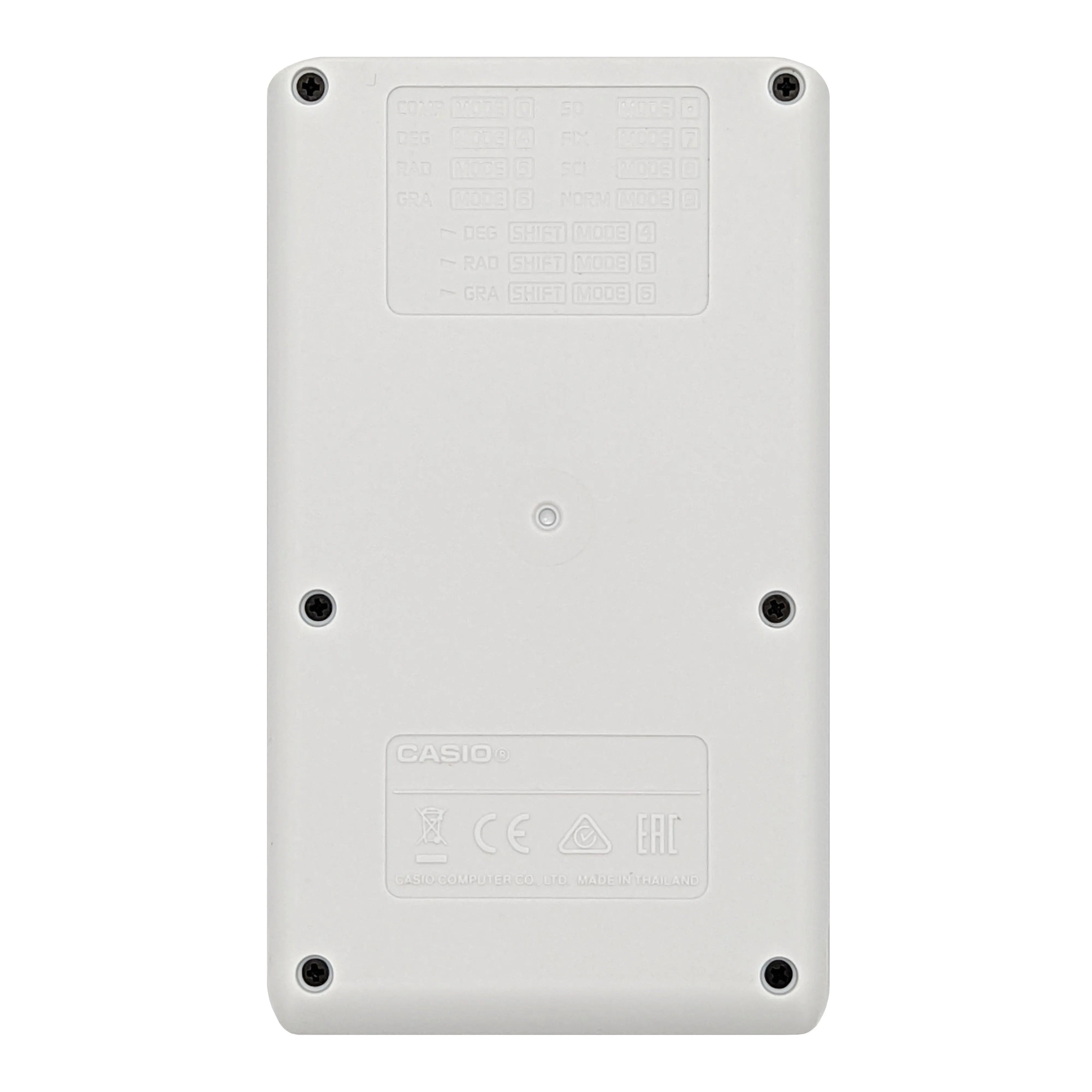 Back view of Casio fx-260 Solar II scientific calculator, white case, Underwood Distributing