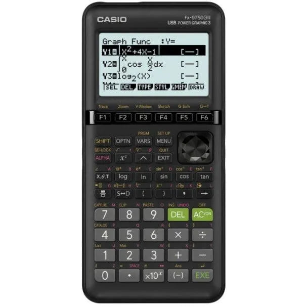 Casio fx-9750GIII graphing calculator with screen on, sold by Underwood Distributing Co.