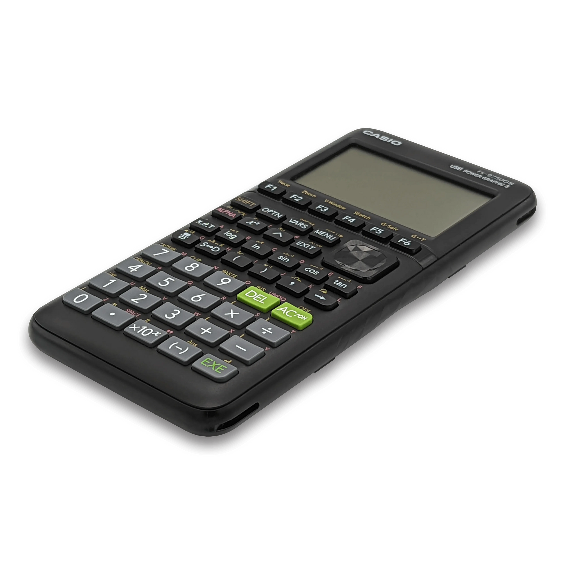 Casio fx-9750GIII graphing calculator with black keys, angled on black background, Underwood Distributing Co.