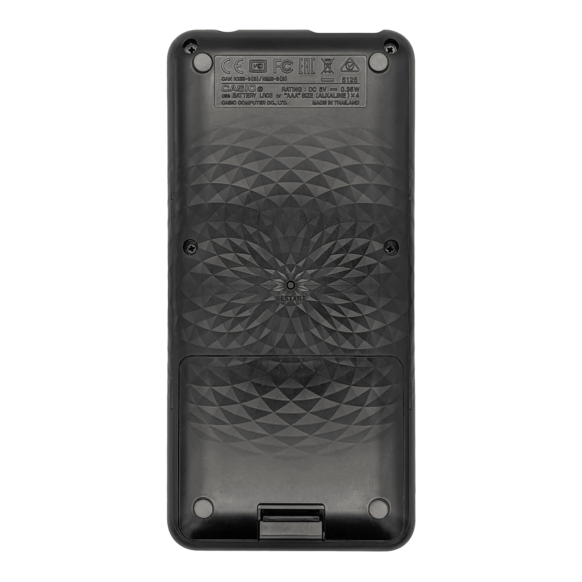 Back view of Casio fx-9750GIII graphing calculator with geometric pattern, sold by Underwood Distributing Co.