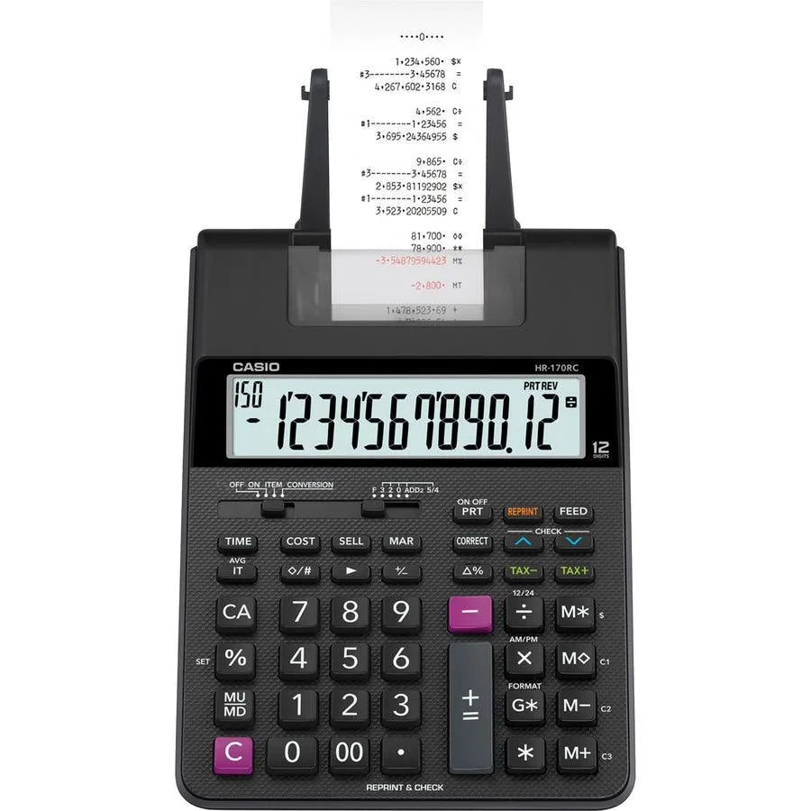 Casio HR-170RC printing calculator with paper roll, numeric keypad, and large display