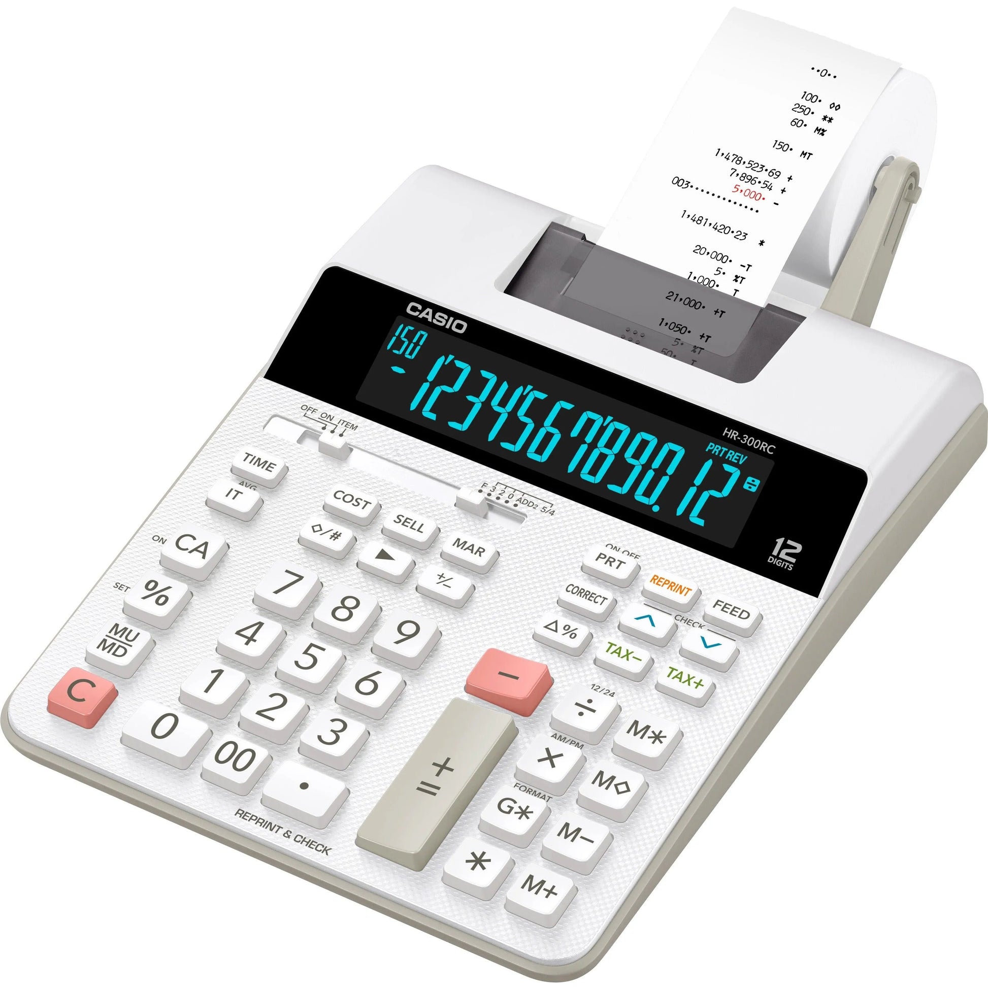 Casio HR-300RC printing calculator with digital display and paper roll, sold by Underwood Distributing Co.