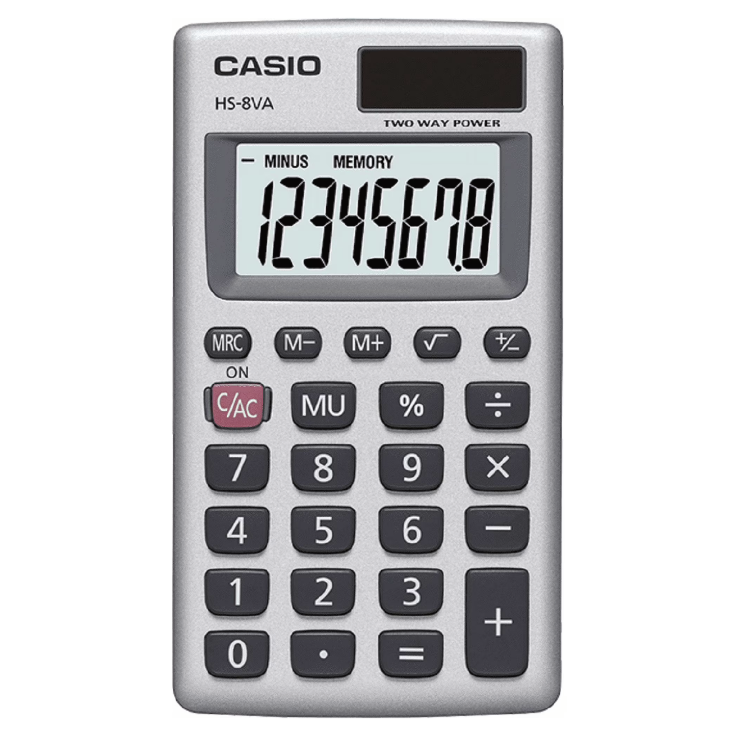 Casio HS-8VA two-way power calculator in silver with a black LCD screen and dark gray buttons, shown on a plain white background.