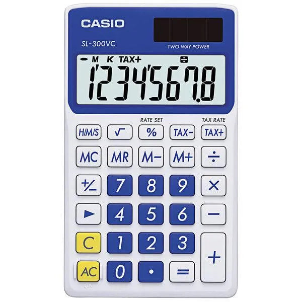 Casio SL-300VC blue solar calculator with large display, sold by Underwood Distributing Co.
