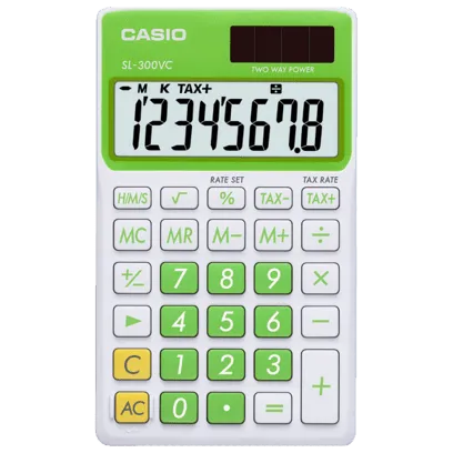 Casio SL-300VC lime green and white calculator with tax buttons, sold by Underwood Distributing Co.