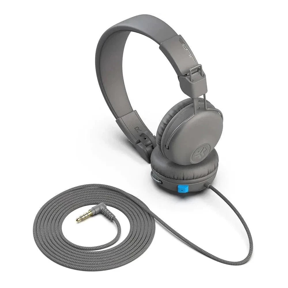 Gray JLab JBuddies Learn on-ear kids headphones with 3.5mm cord on white background