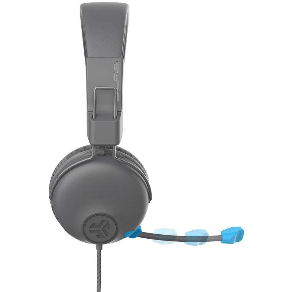 JLab JBuddies Learn gray on-ear kids headphones with blue accents and attached microphone