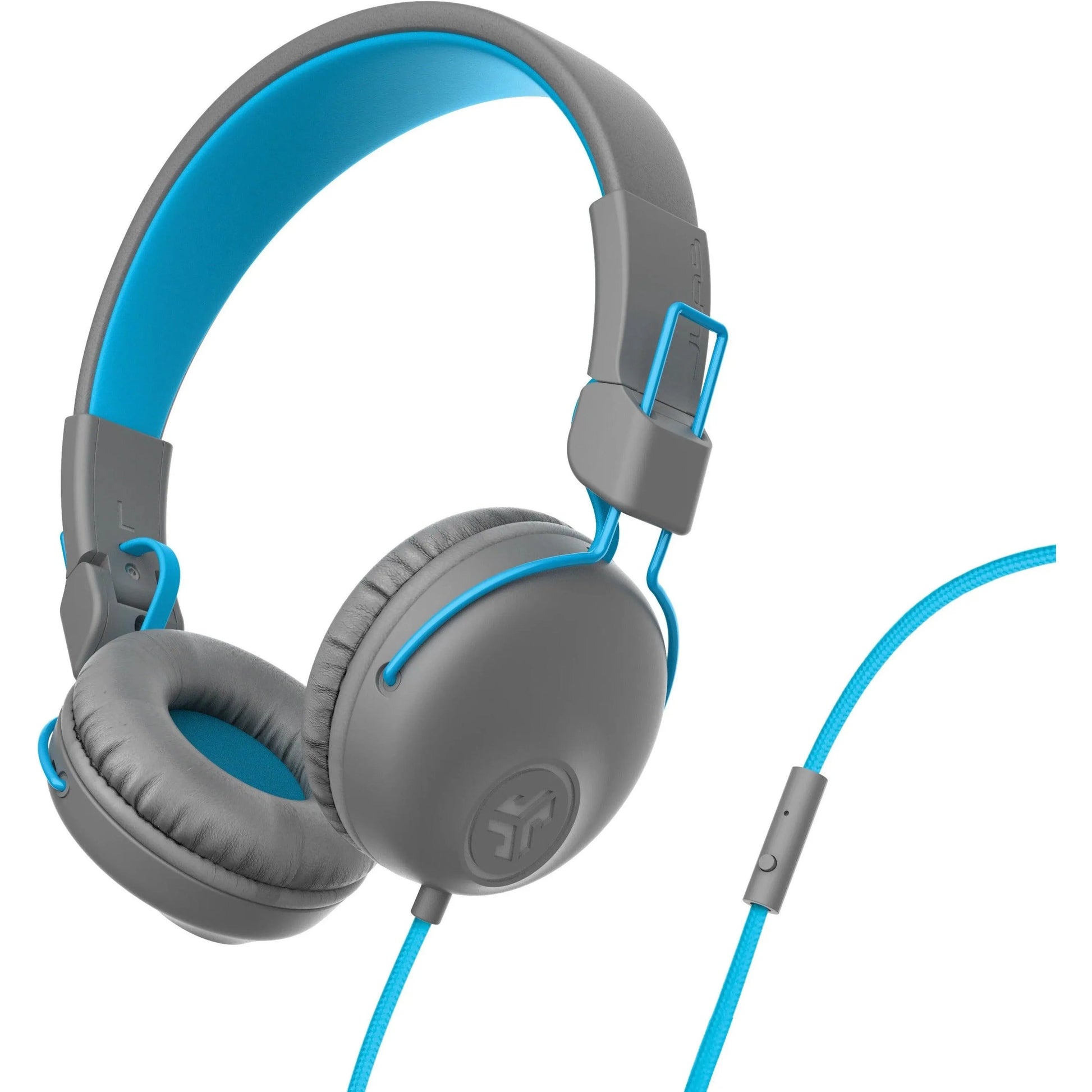 Gray and blue JLab Studio wired headset with inline mic, featured by Underwood Distributing Co.