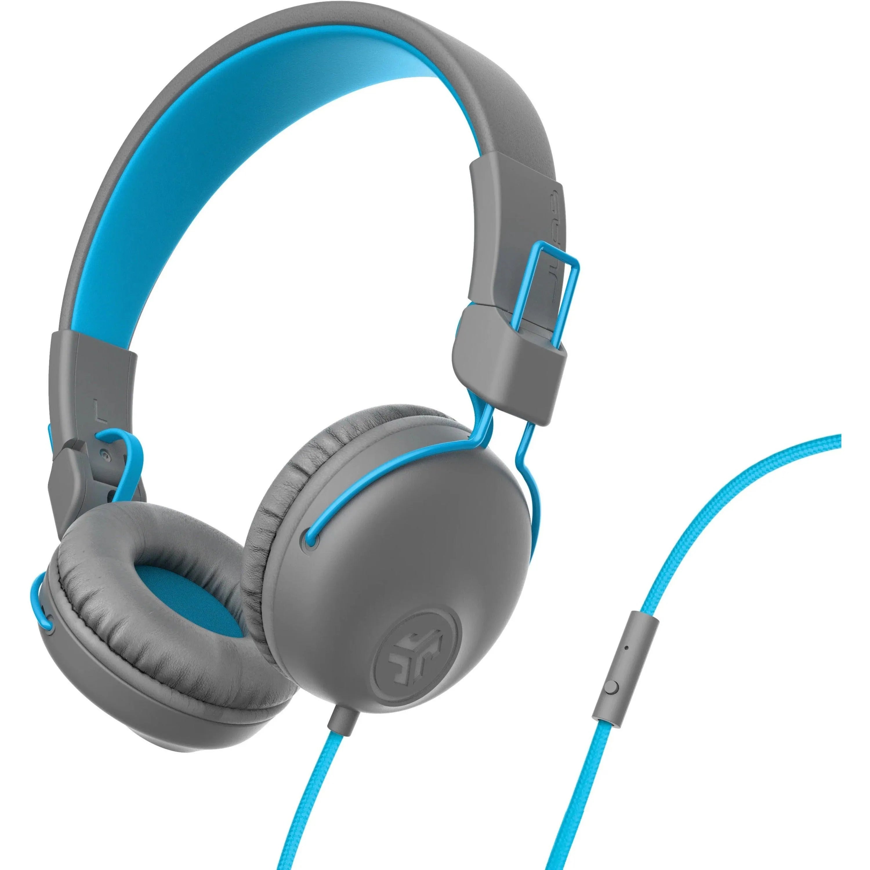 Gray and blue JLab Studio wired headset with inline mic, featured by Underwood Distributing Co.