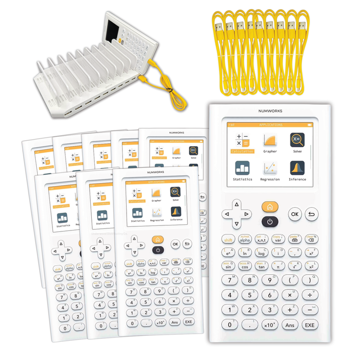 NumWorks Graphing Calculator Teacher Pack with charging dock and yellow USB cables, for schools