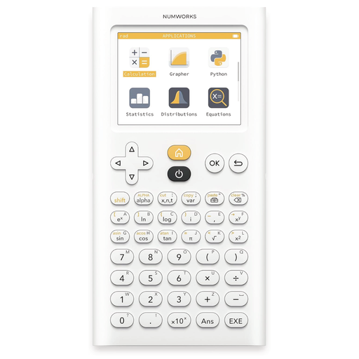 NumWorks graphing calculator with color screen, scientific keypad, and math application icons.