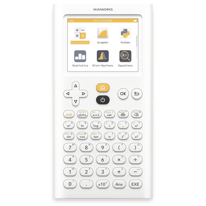 NumWorks graphing calculator with color screen, scientific keypad, and math application icons.