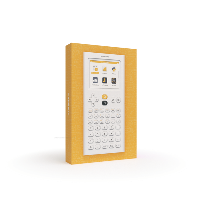 NumWorks graphing calculator retail box with yellow border, sold by Underwood Distributing Co.