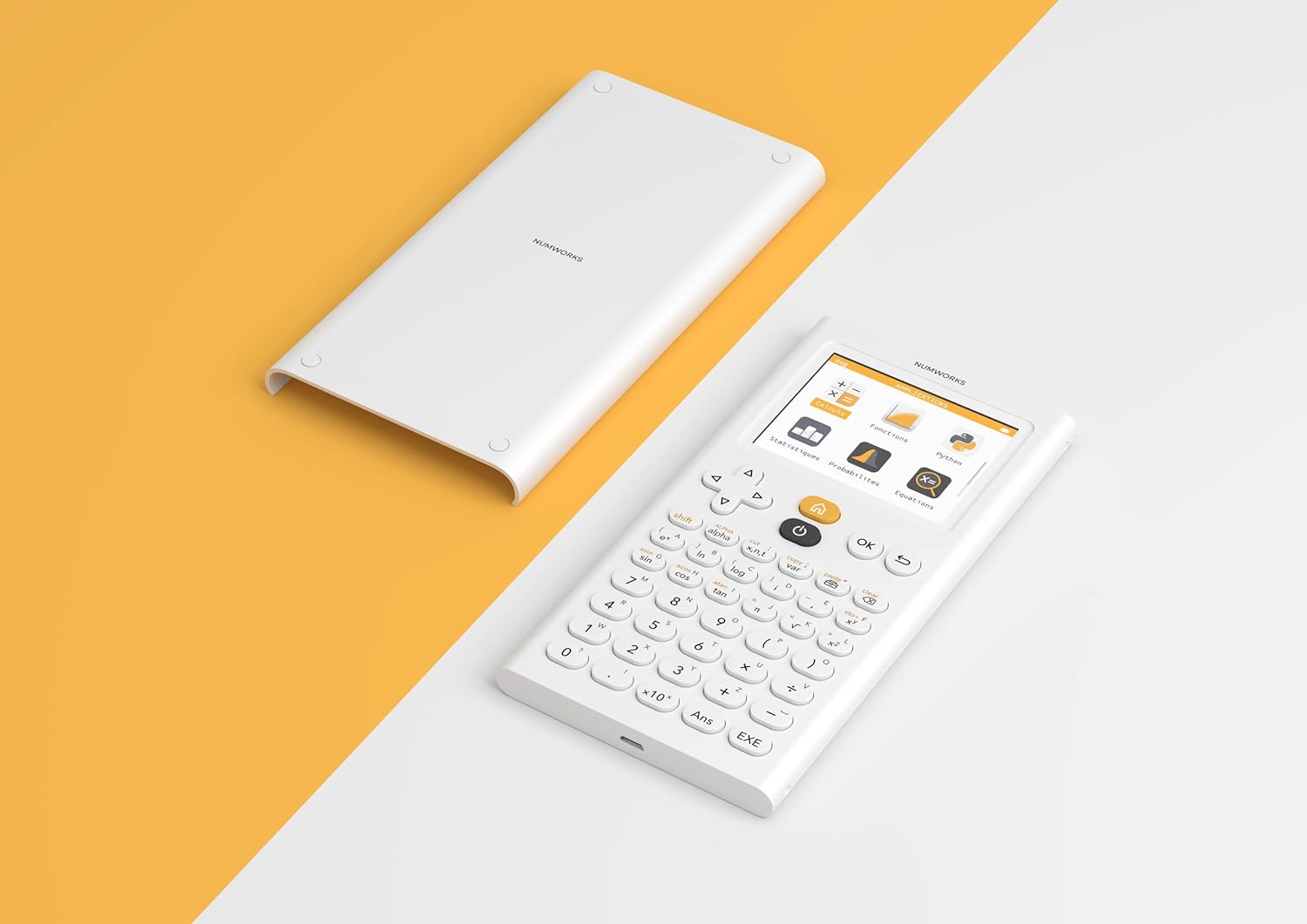 NumWorks graphing calculator with white cover on yellow and white background, Underwood Distributing Co.