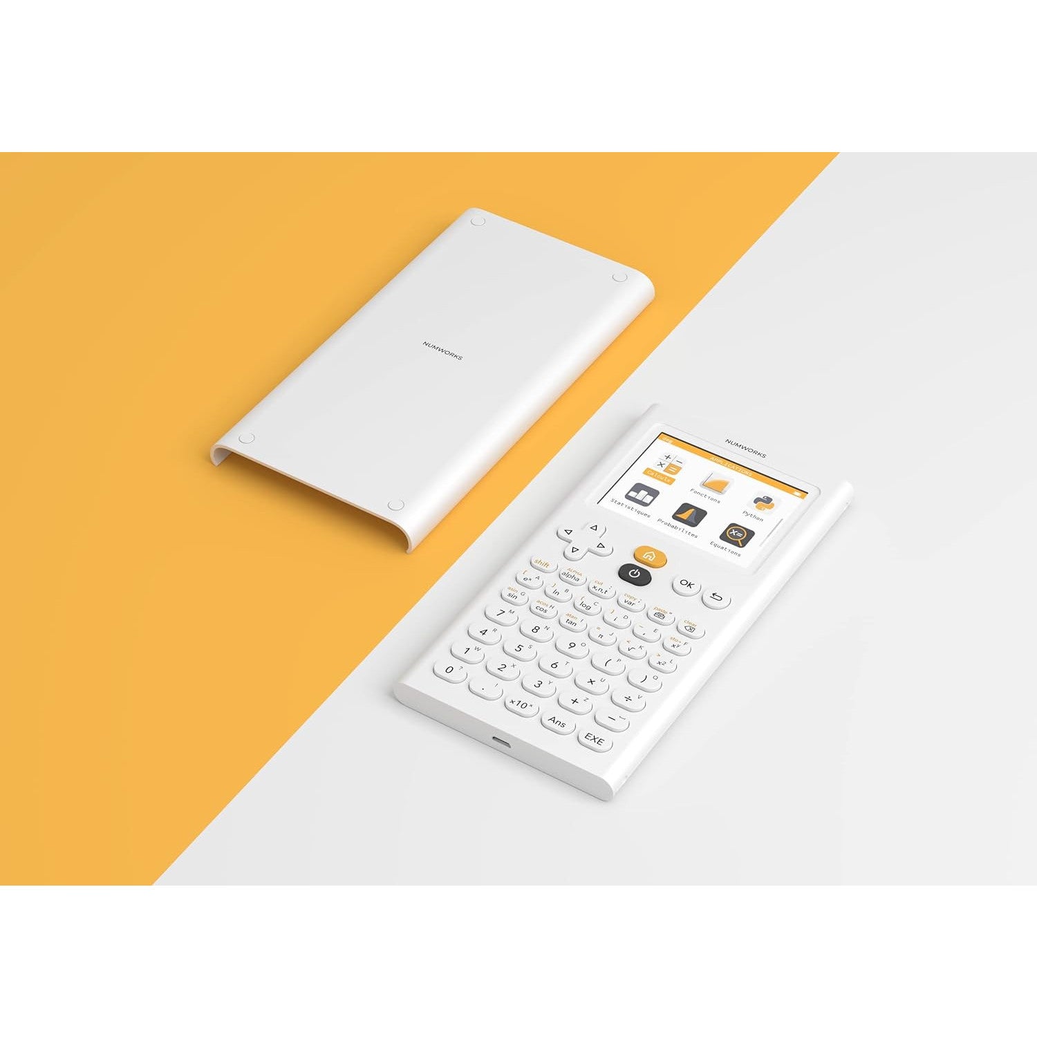 NumWorks graphing calculator with white cover on yellow and white background, Underwood Distributing Co.