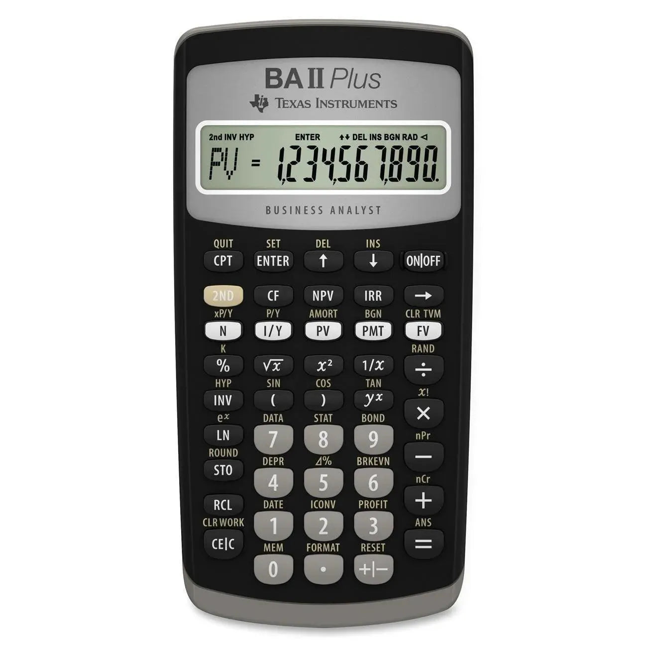 Texas Instruments BA II Plus financial calculator with display on, sold by Underwood Distributing Co.
