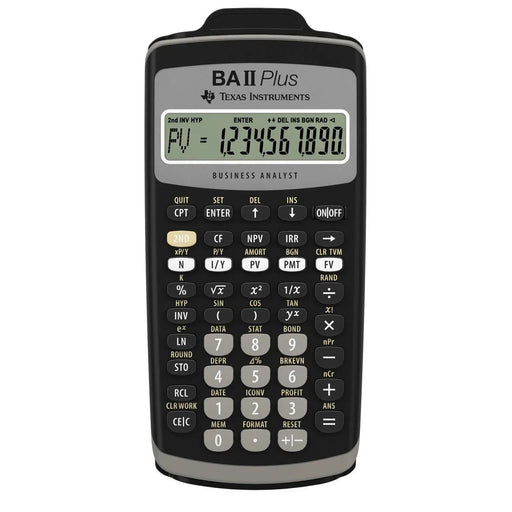 Texas Instruments BA II Plus financial calculator from Underwood Distributing Co., close-up view