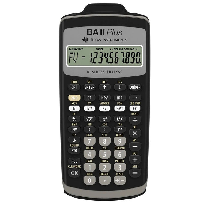 Texas Instruments BA II Plus financial calculator from Underwood Distributing Co., close-up view