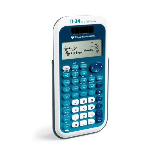 Texas Instruments TI-34 MultiView scientific calculator with blue and white buttons, Underwood Distributing Co.