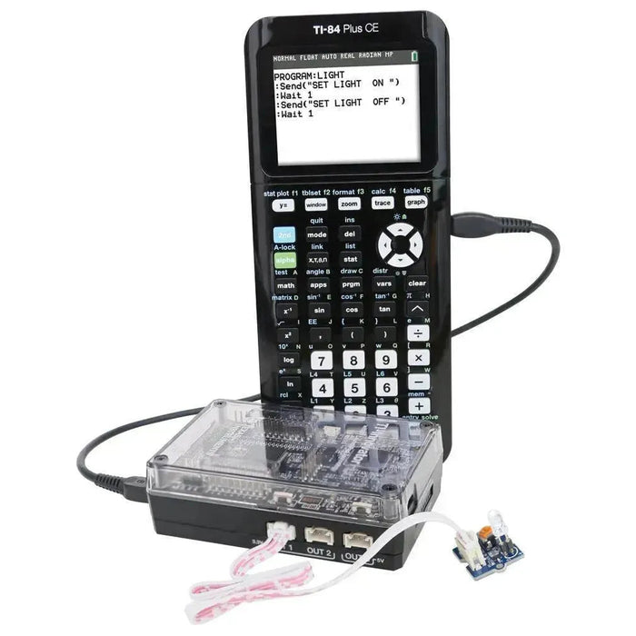 TI-Innovator Hub with TI LaunchPad board connected to TI-84 Plus CE calculator, STEM electronics kit