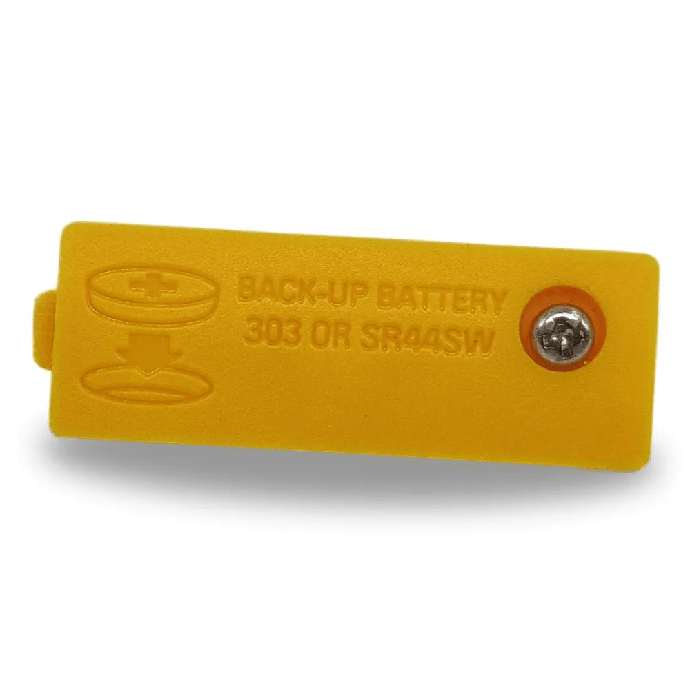 Yellow replacement battery compartment cover for TI-84 Plus calculator, labeled for 303 or SR44SW.