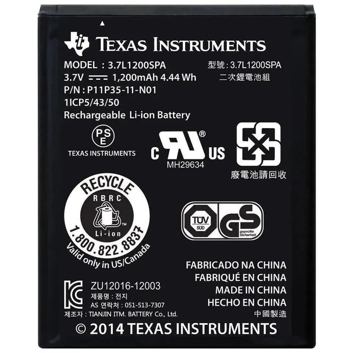 Texas Instruments TI-84 Plus CE replacement rechargeable battery with model and safety labels