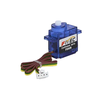 Blue FS90R servo motor with attached cable, featured by Underwood Distributing Co.