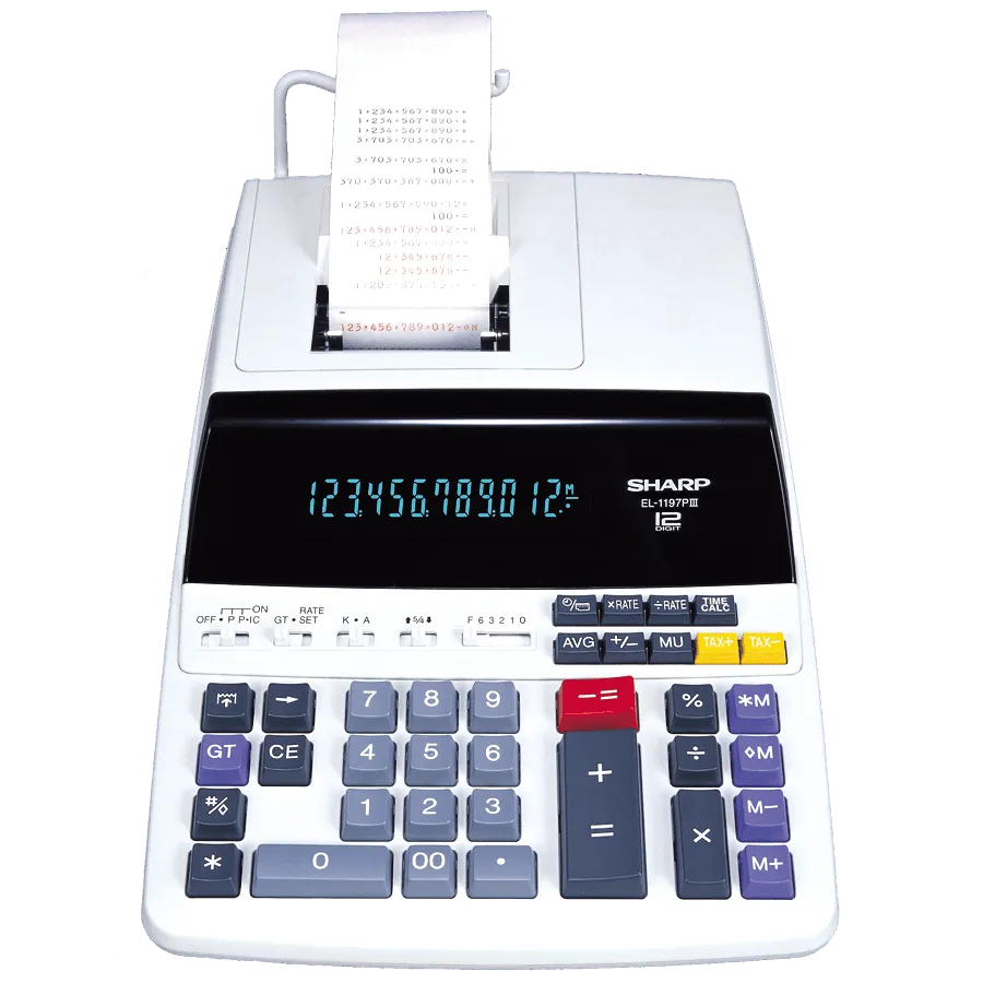 Sharp EL-1197PIII commercial 12-digit printing calculator with paper roll, offered by Underwood Distributing Co.
