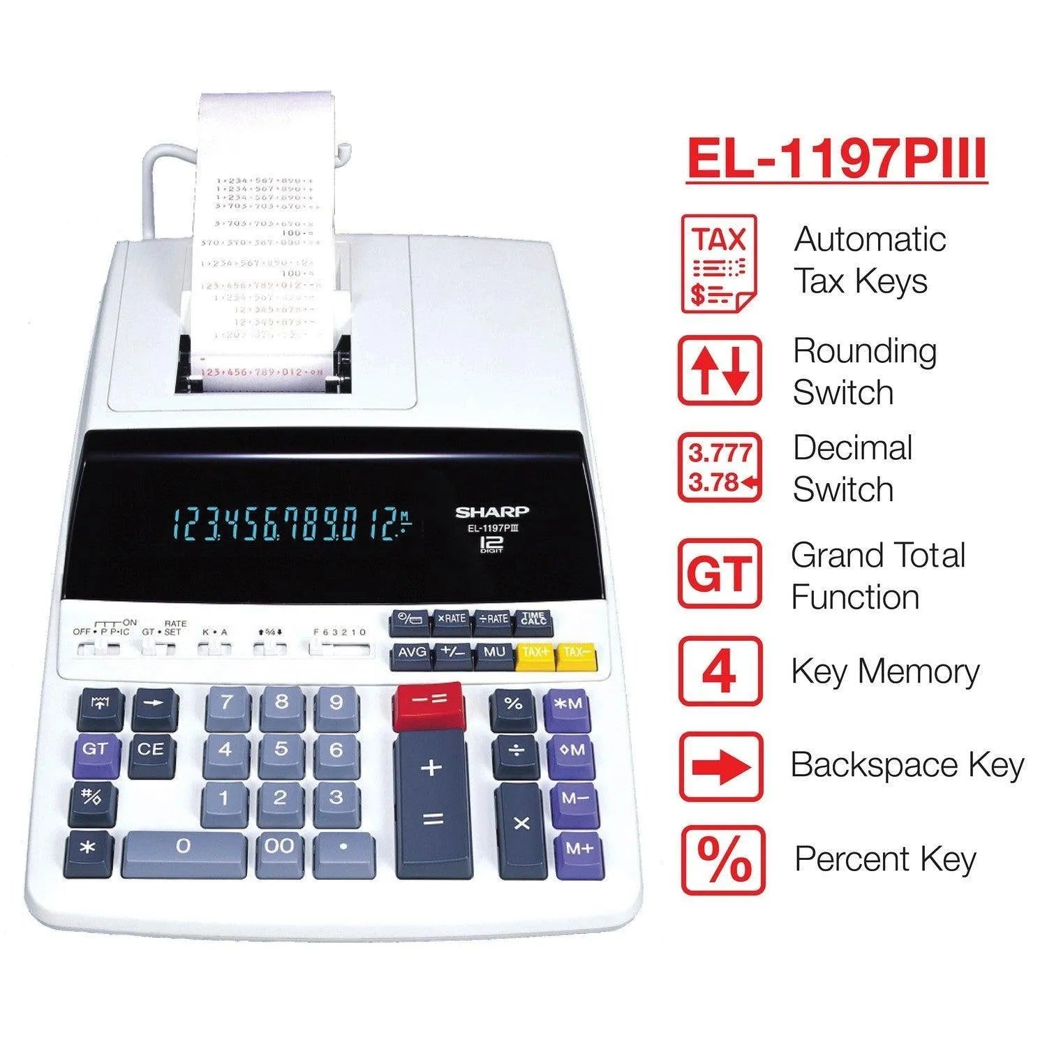 Sharp EL-1197PIII 12-digit commercial printing calculator with paper roll and function keys