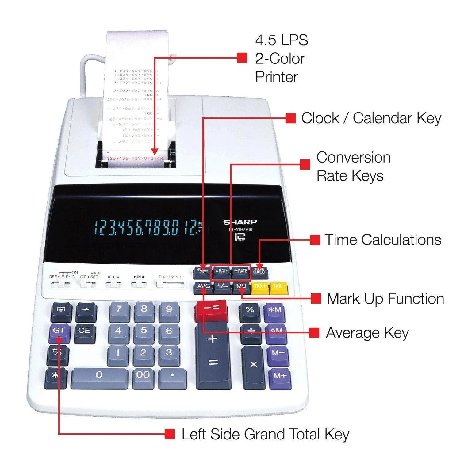Sharp EL-1197PIII 12-digit commercial printing calculator with labeled function keys and printer