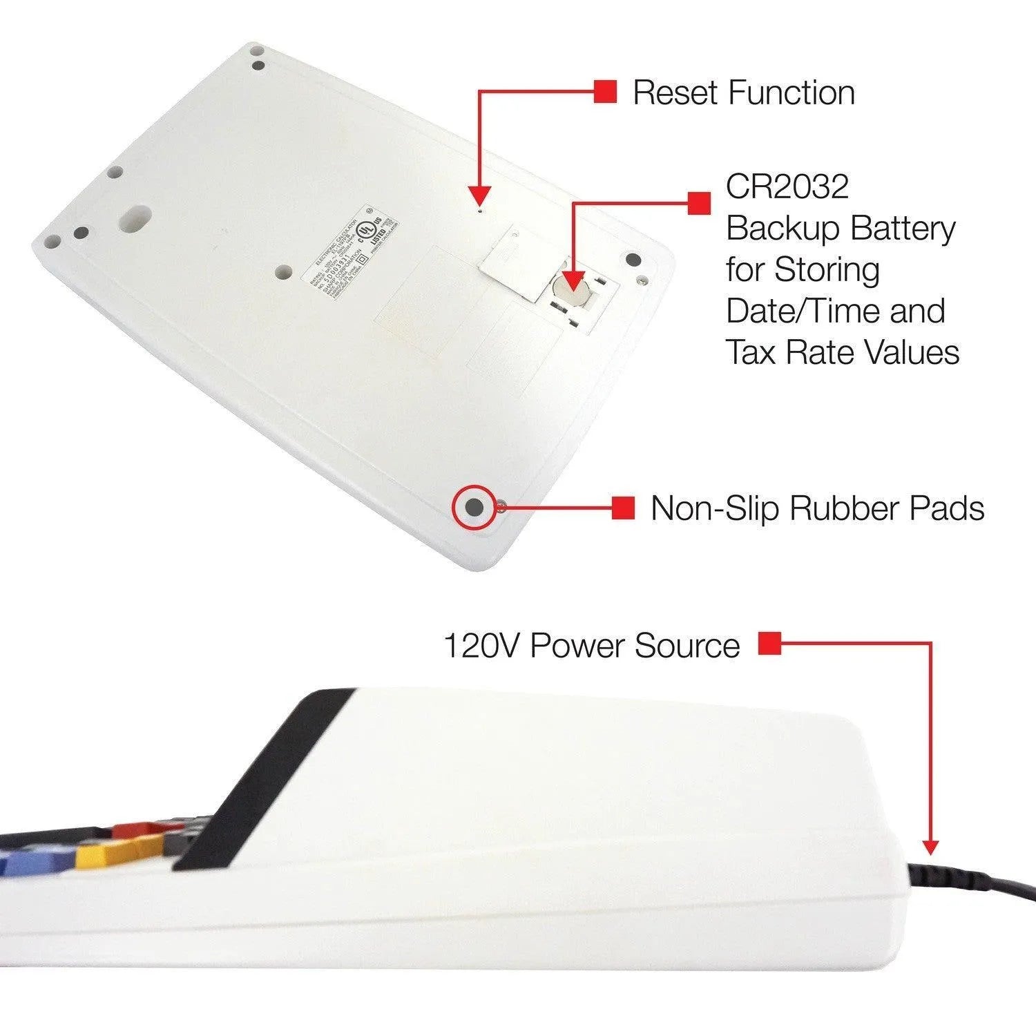Sharp EL-1197PIII printing calculator bottom view showing reset, CR2032 battery, non-slip pads, power source.