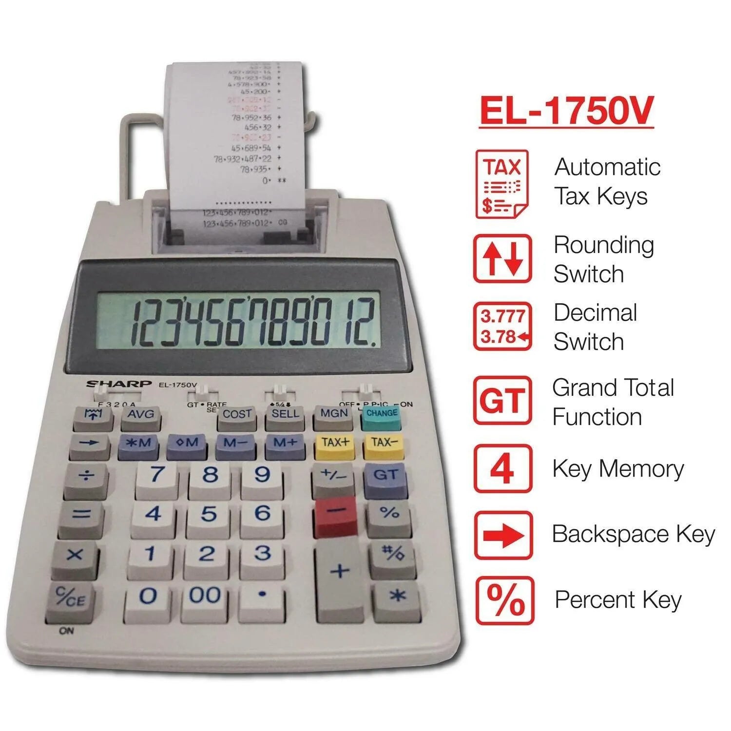Sharp EL-1750V 12-digit printing calculator with paper roll and function highlights, Underwood Distributing Co.