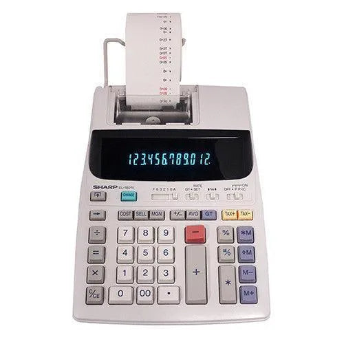 Sharp EL-1801V 12-digit compact printing calculator with paper roll, offered by Underwood Distributing Co.