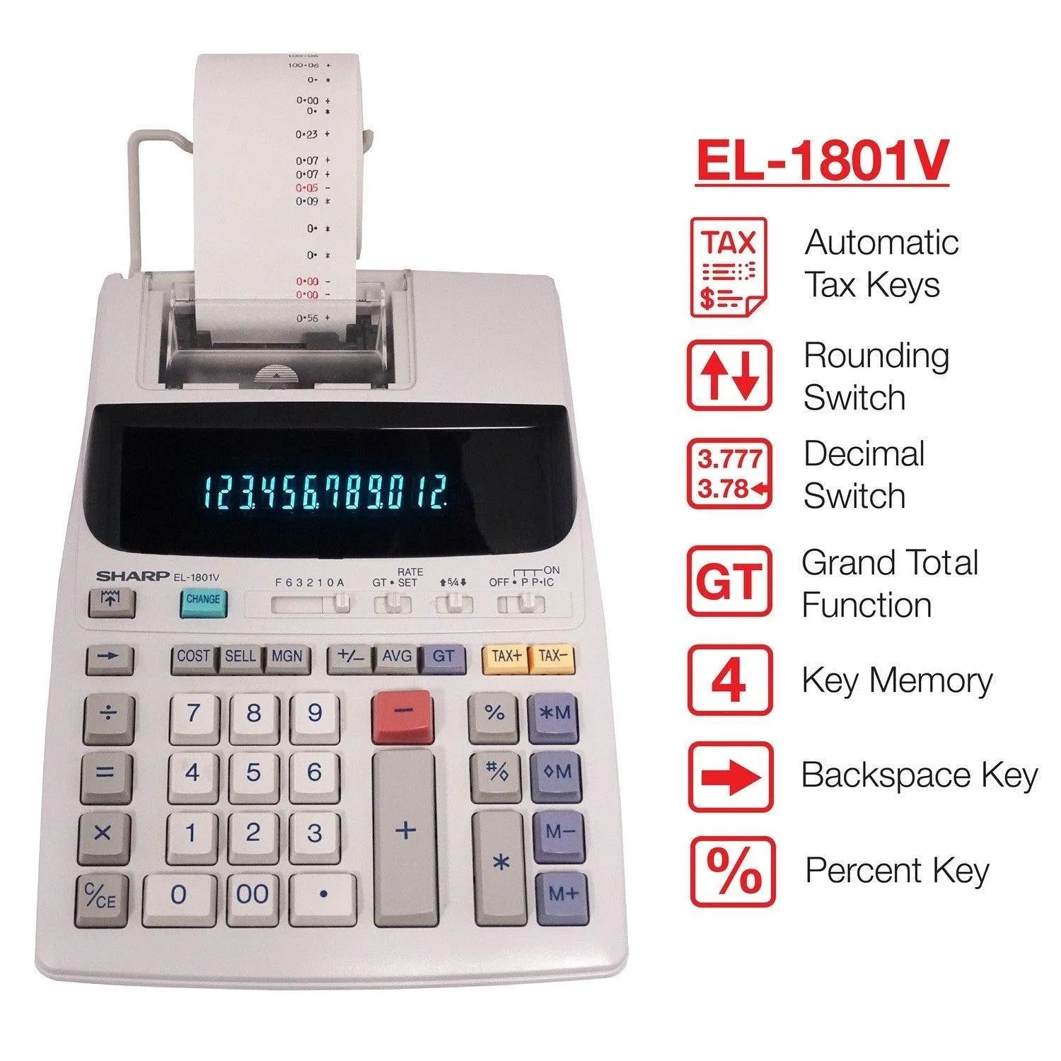 Sharp EL-1801V 12-digit compact printing calculator with paper roll, tax keys, and function labels