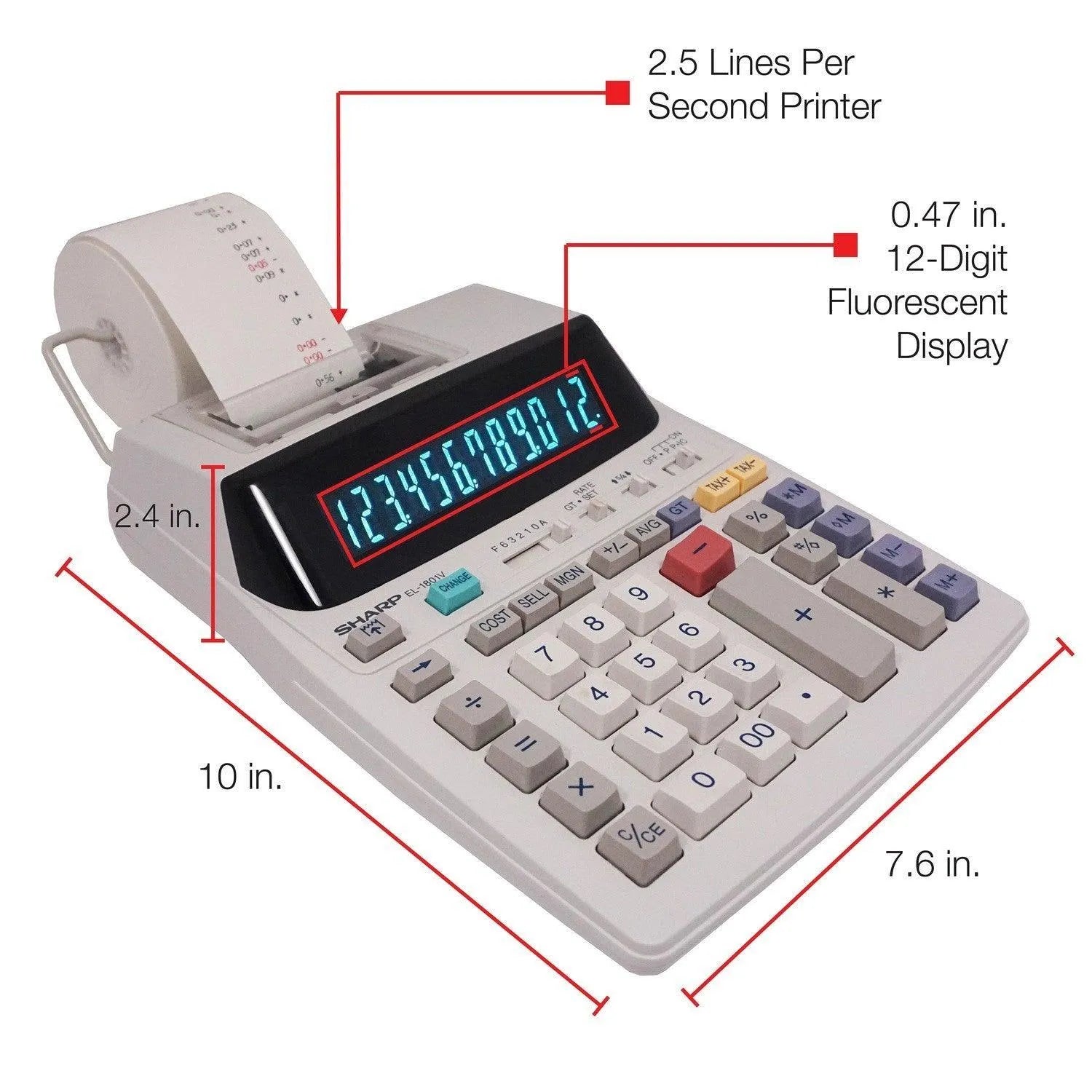Sharp EL-1801V 12-digit compact printing calculator with size and feature labels, Underwood Distributing Co.