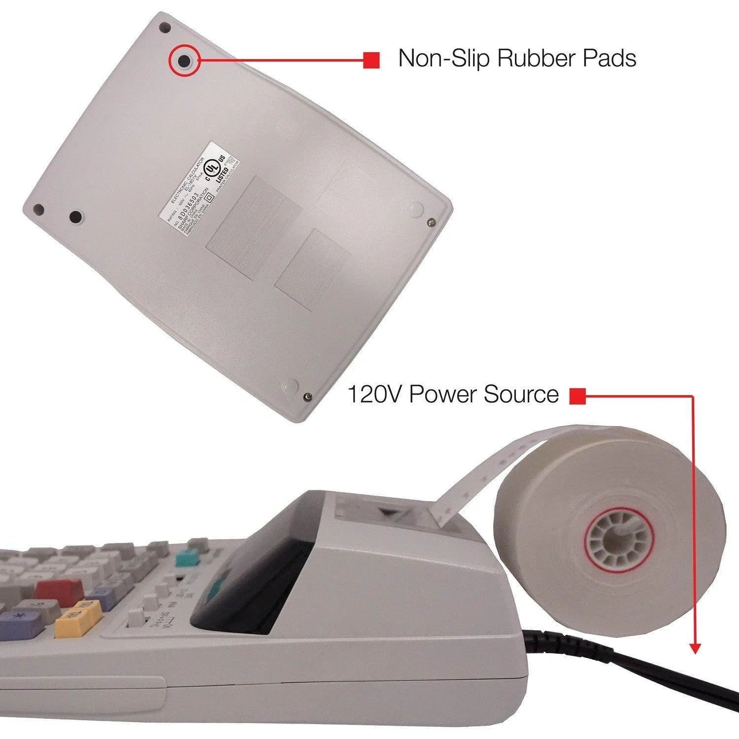 Sharp EL-1801V compact printing calculator showing non-slip pads and 120V power source