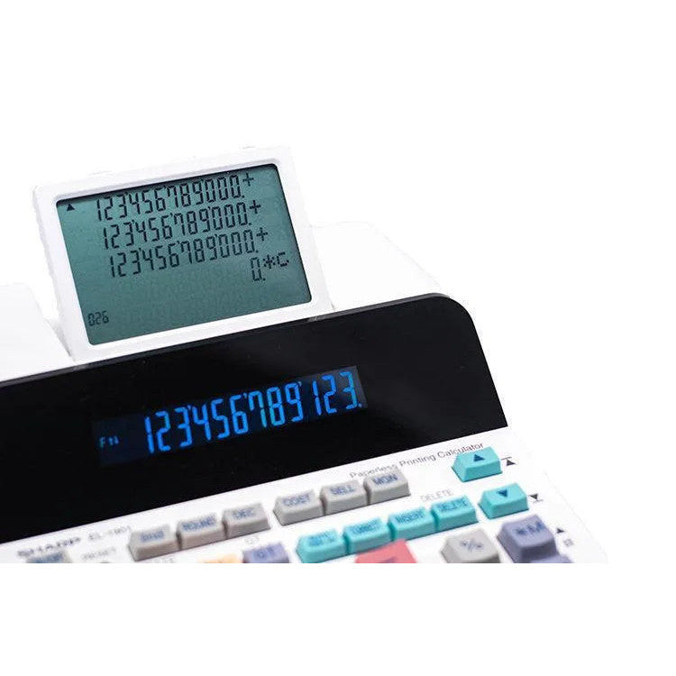 Sharp EL-1901 12-digit paperless printing calculator with dual LCD displays, offered by Underwood Distributing Co.