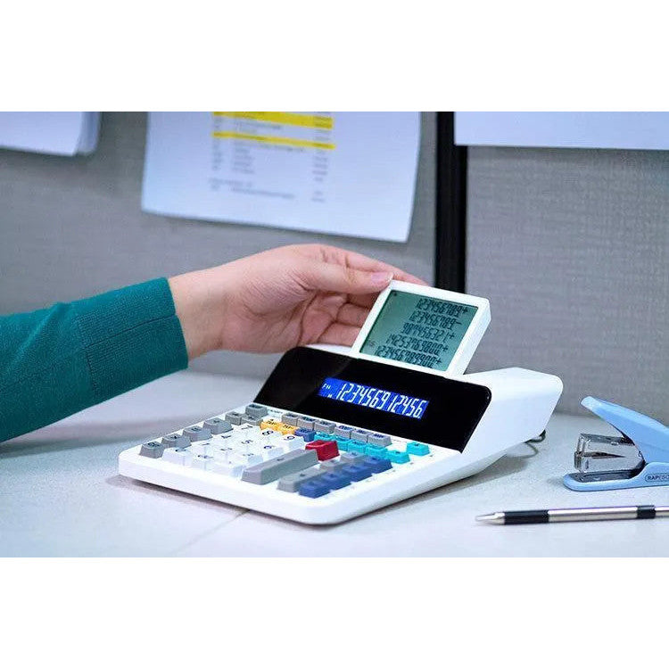 Sharp EL-1901 12-digit paperless printing calculator on office desk, Underwood Distributing Co.