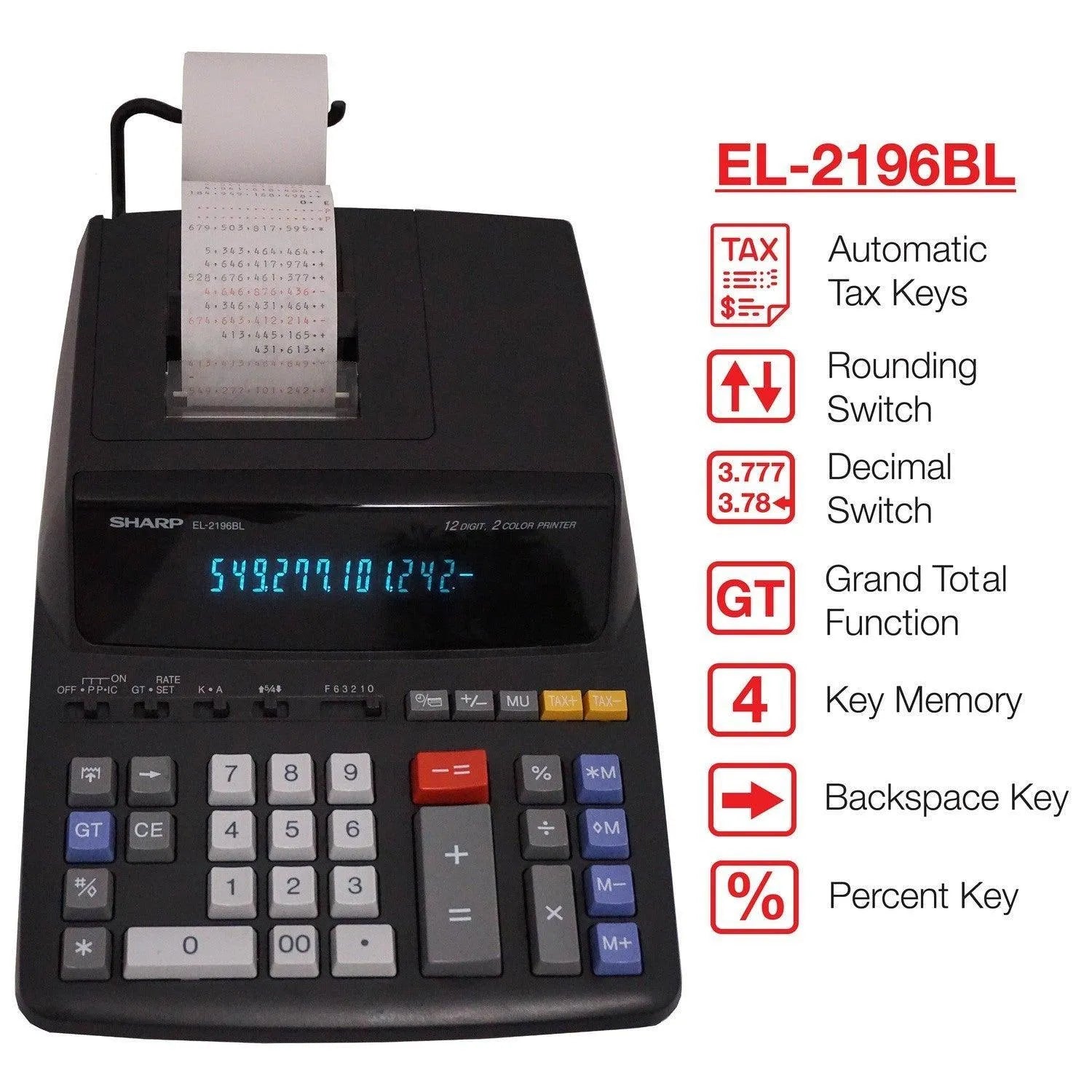 Sharp EL-2196BL 12-digit printing calculator with roll paper, tax and memory keys, at Underwood Distributing Co.