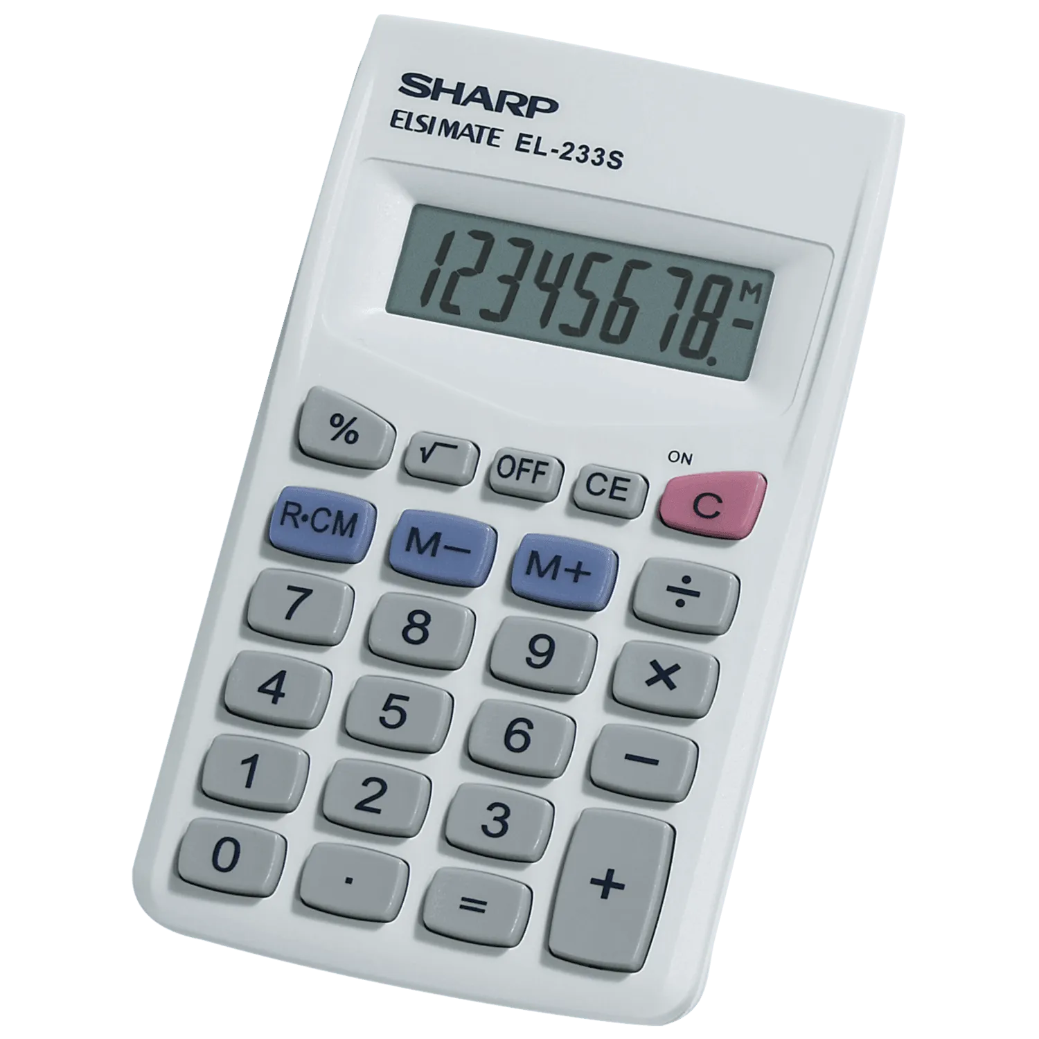 Sharp EL-233SB 8-digit pocket calculator on white background, distributed by Underwood Distributing Co.