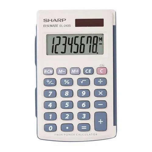 Sharp EL-243SB 8-digit pocket calculator with hinged hard cover, offered by Underwood Distributing Co.