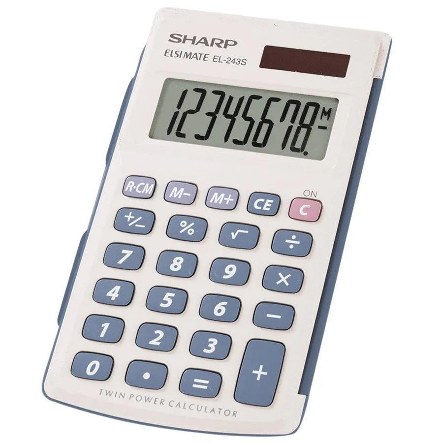 Sharp EL-243SB 8-digit pocket calculator with hard cover, offered by Underwood Distributing Co.