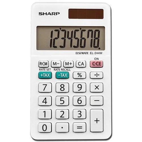 Sharp EL-244WB 8-digit professional pocket calculator with solar panel, displayed by Underwood Distributing Co.