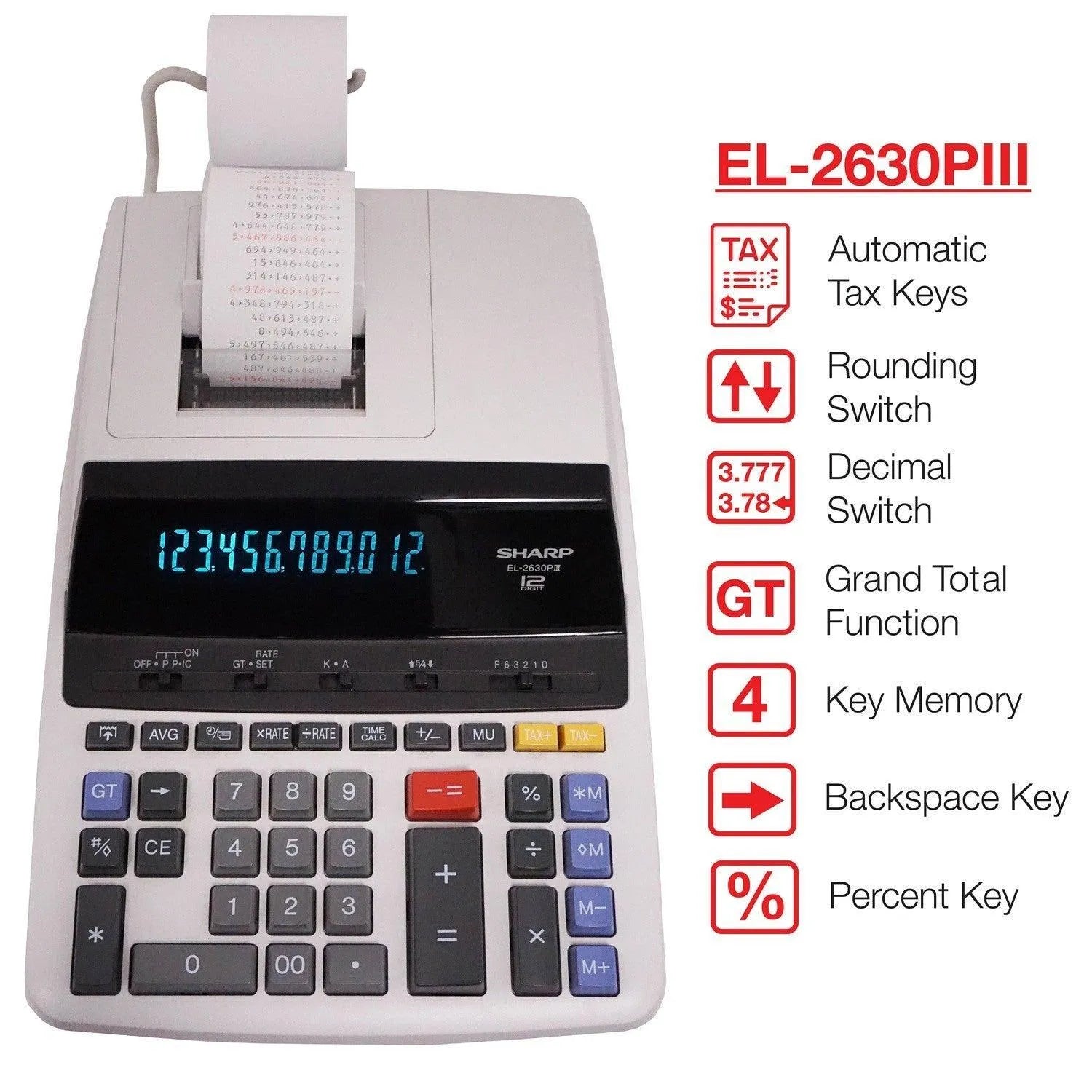 Sharp EL-2630PIII commercial printing calculator with paper roll and function keys, sold by Underwood Distributing Co.