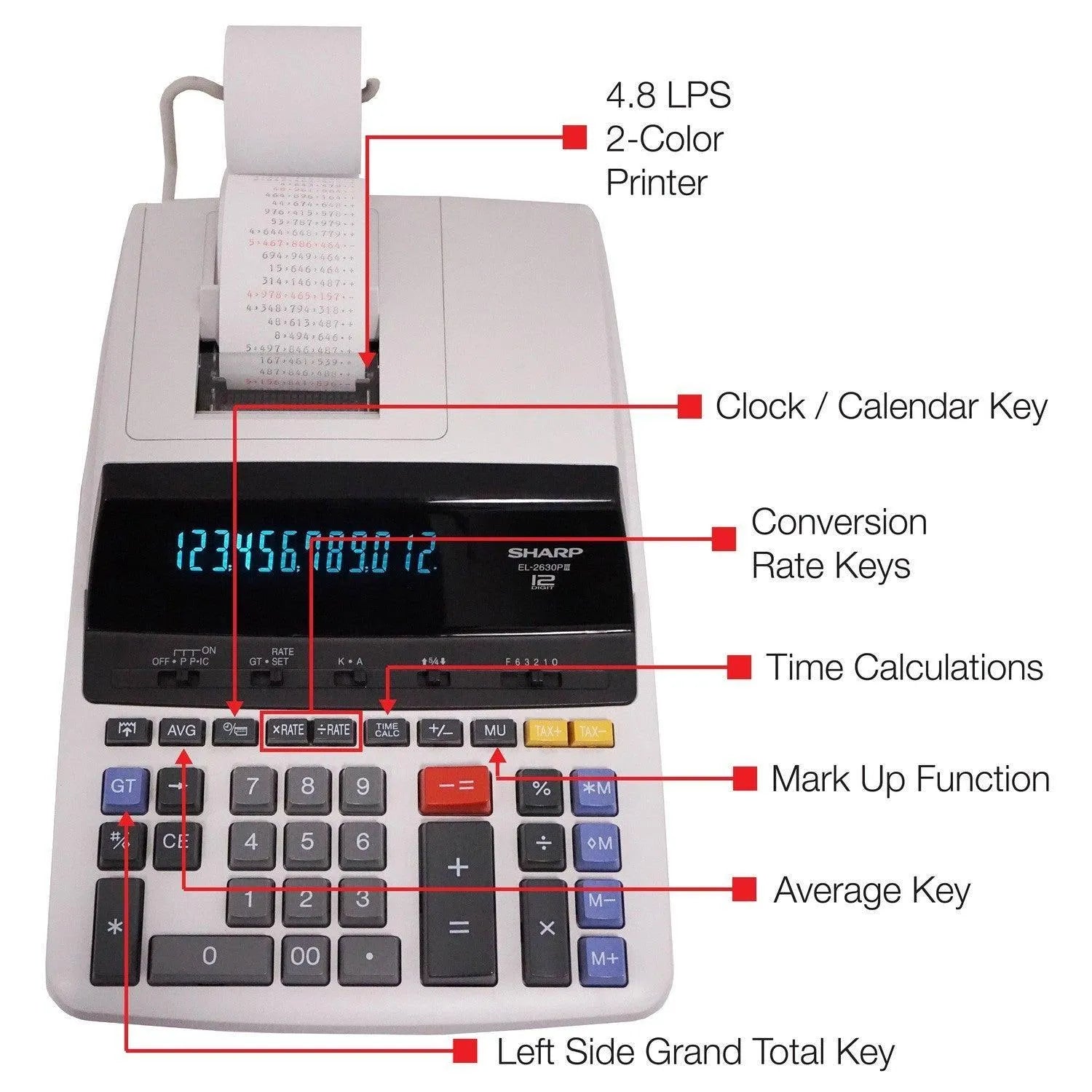 Sharp EL-2630PIII commercial 12-digit printing calculator with labeled features, sold by Underwood Distributing Co.